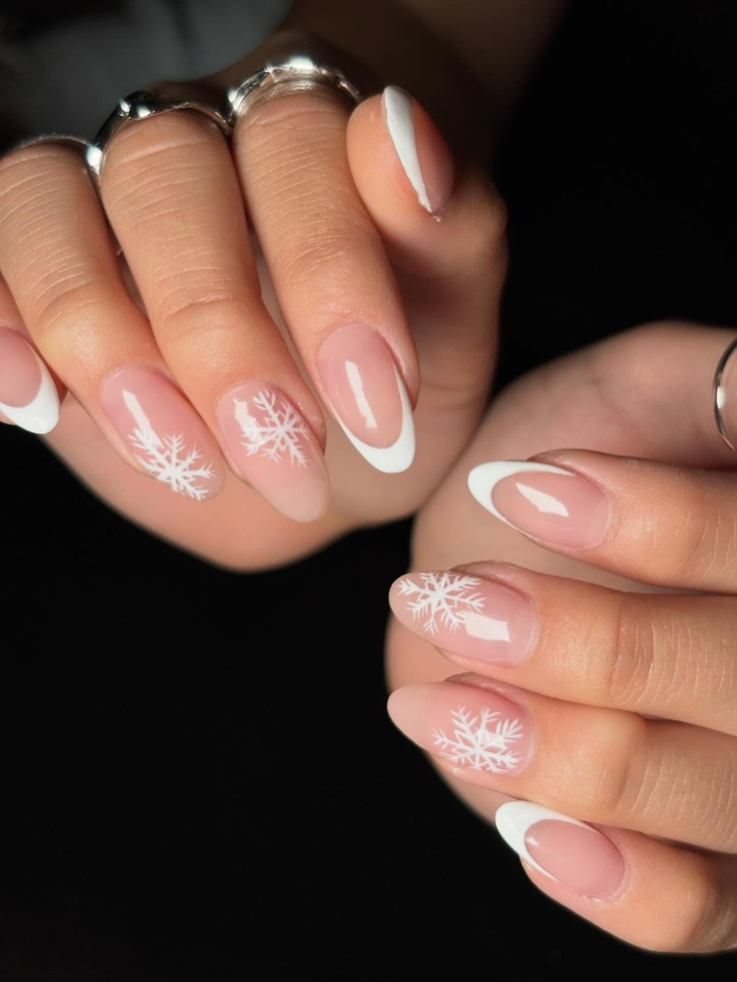 Sheer Pink French Snowflake Almond Nails — Winter Squoval Nails