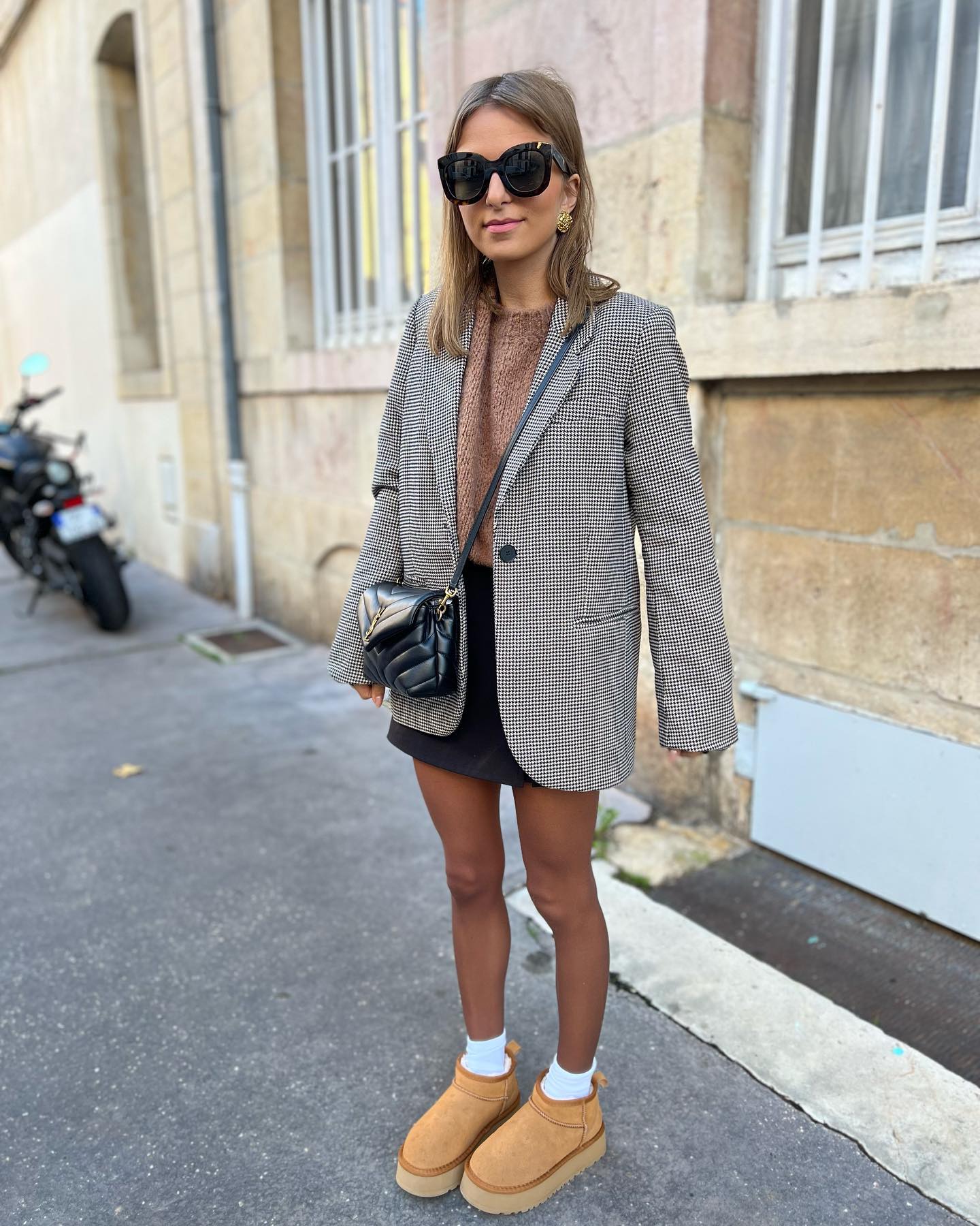 Houndstooth Blazer and Mini Skirt Combination — Ugg Boots Outfits