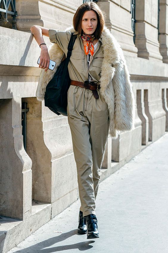 Faux Fur Coat Over a Utility Jumpsuit — Early Winter Outfits