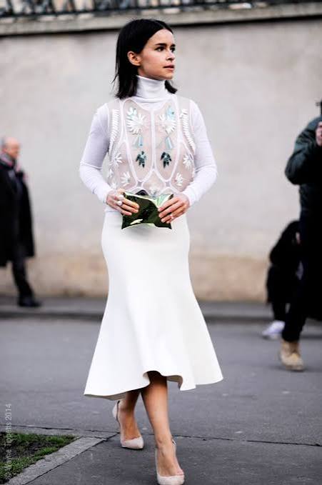 Sheer Embellished Top Over White Midi Skirt Sheer Embellished Top Over White Midi Skirt — Winter White Outfits