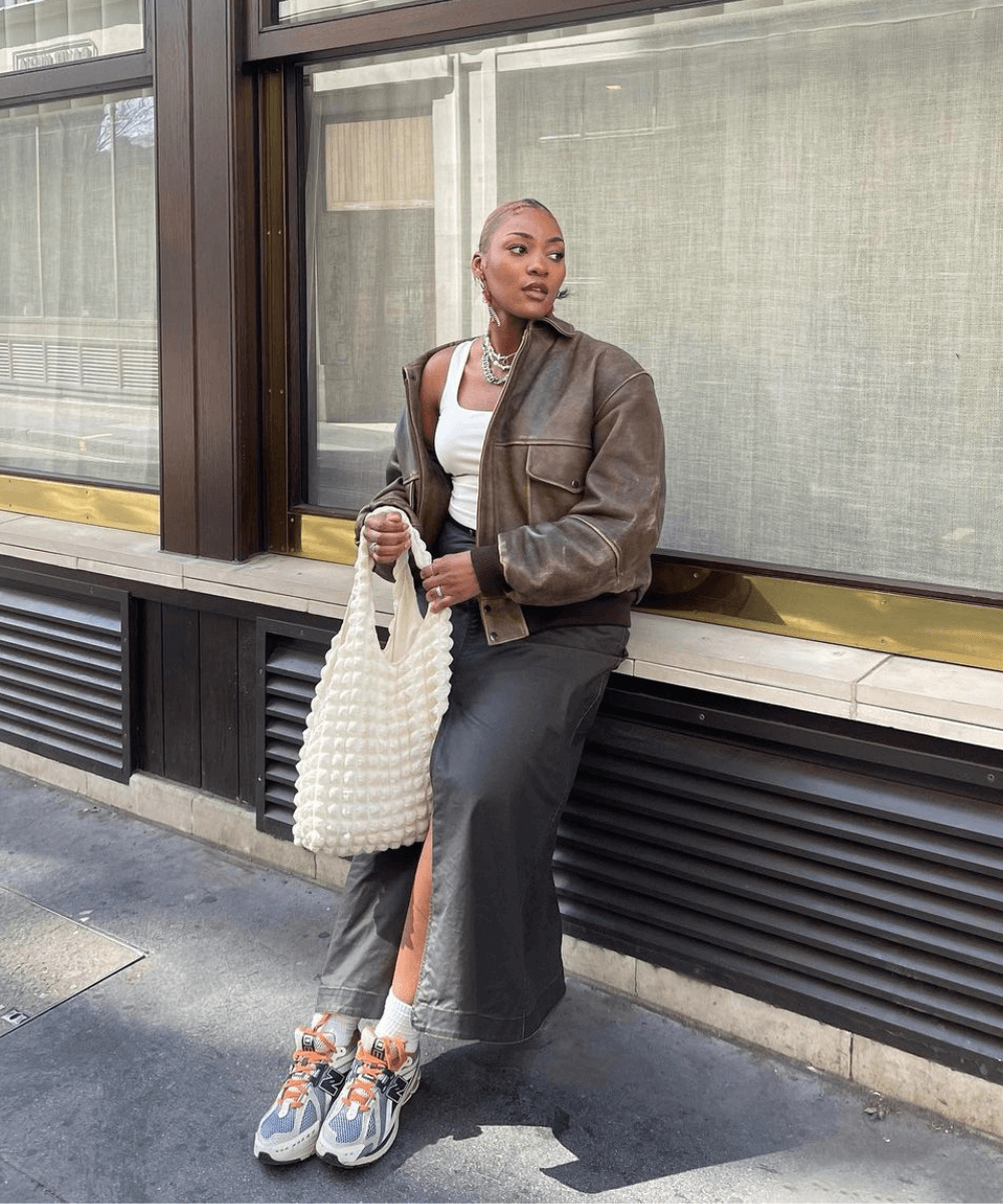 Leather Jacket with Long Skirt and Sneakers — Winter Outfits with Sneakers