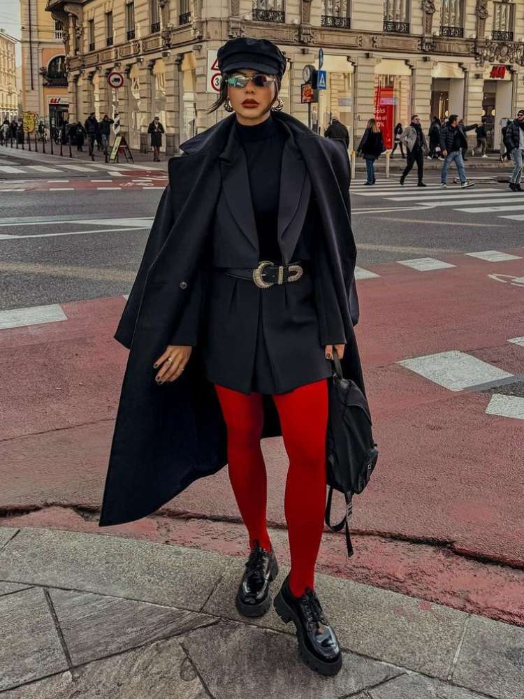 Bright Red Opaque Tights with an Oversized Black Coat Bright Red Opaque Tights with an Oversized Black Coat — Tights Outfits