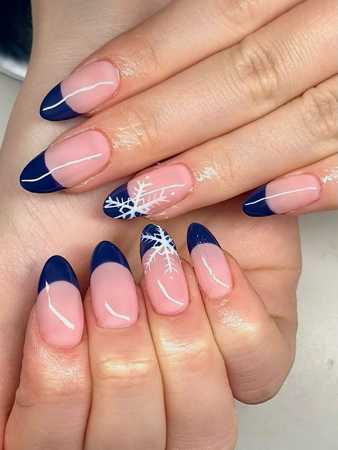 Navy French Tips with Snowflake Decals Almond Nails Navy French Tips with Snowflake Decals Almond Nails — Winter Almond Nails