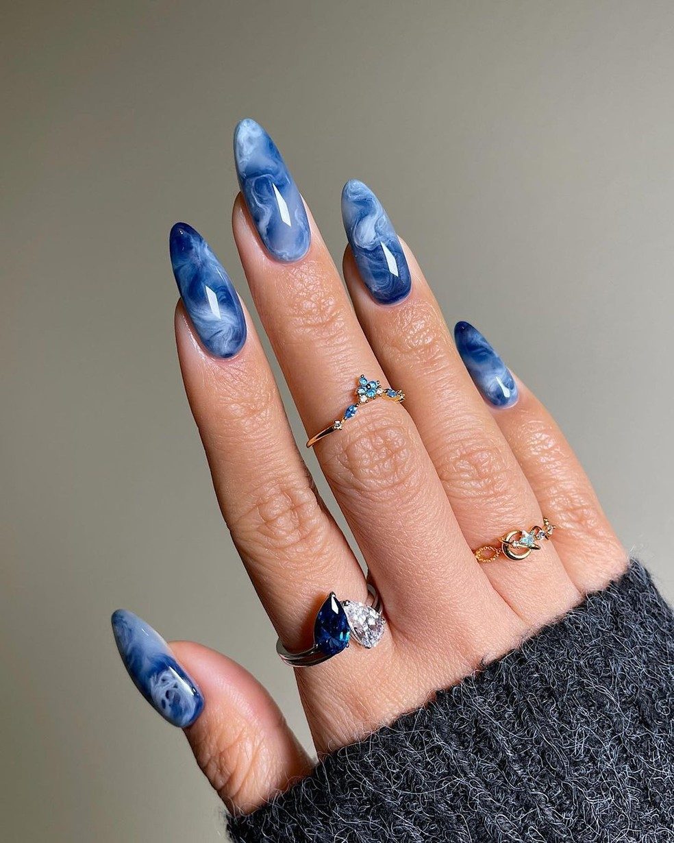 Sophisticated Navy Blue Marble Almond — Navy Blue Nails