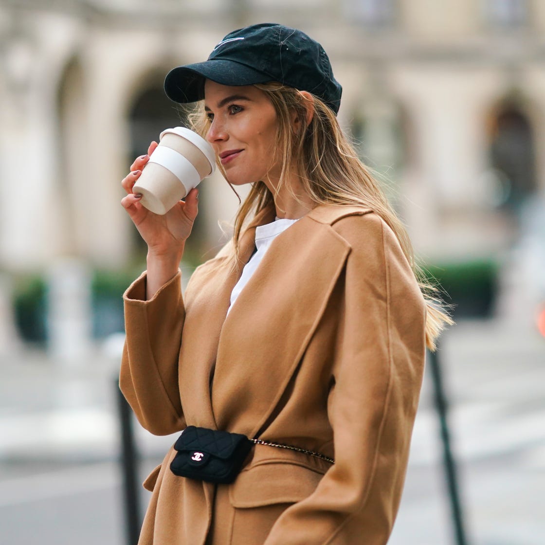 Casual Outing: Camel Coat with White Tee and Belt Bag — Camel Coat Outfits