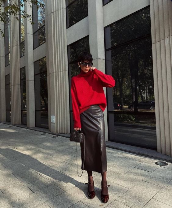 Dark Brown Leather Midi Skirt with a Red Turtleneck — Leather Skirt Outfits
