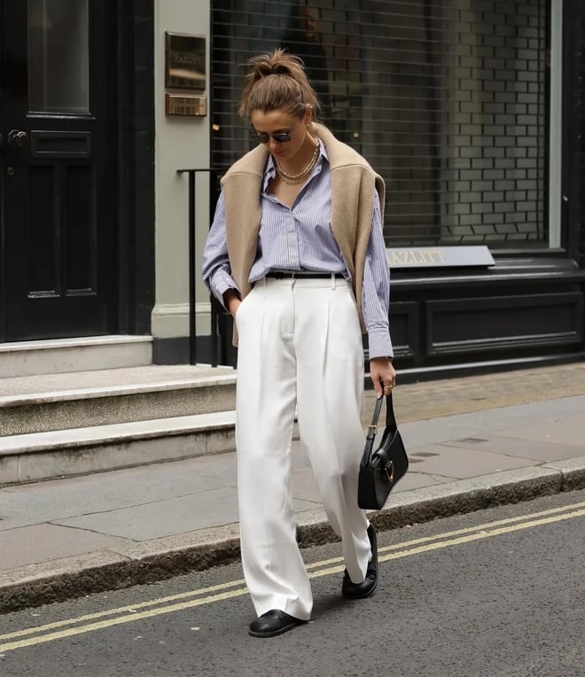 Layered Knit Vest Over Striped Shirt with Wide-Leg Trousers — Old Money Winter Outfits