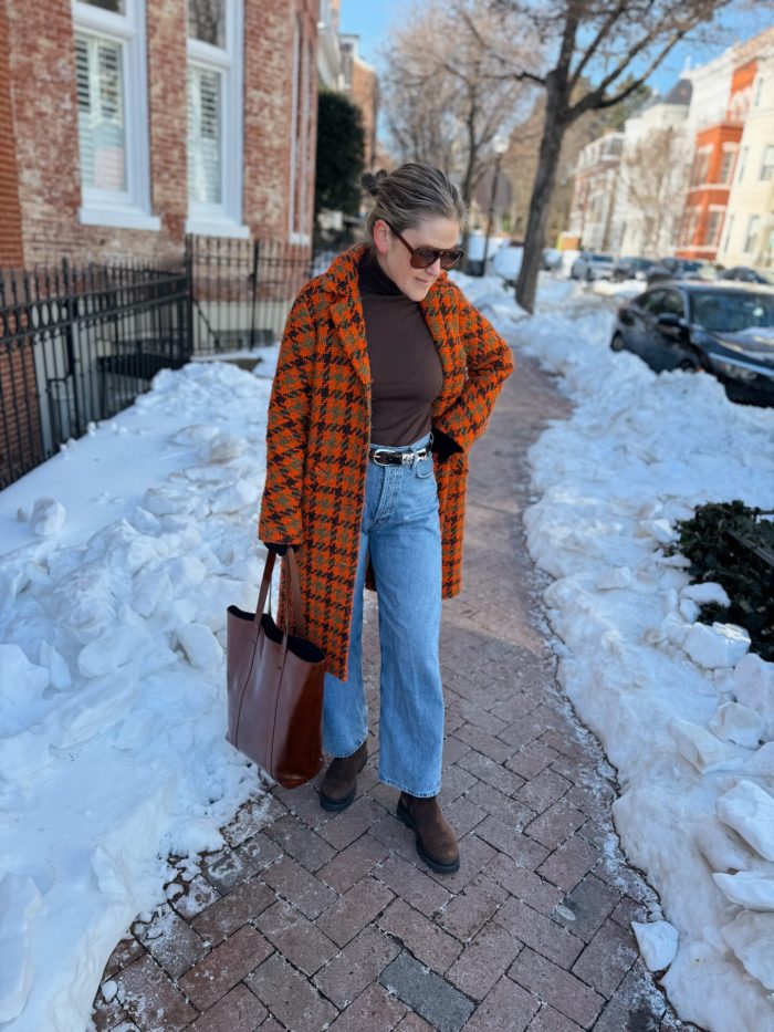 Houndstooth Coat with Jeans for a Bold Snow Day Ensemble — Snow Day Outfits