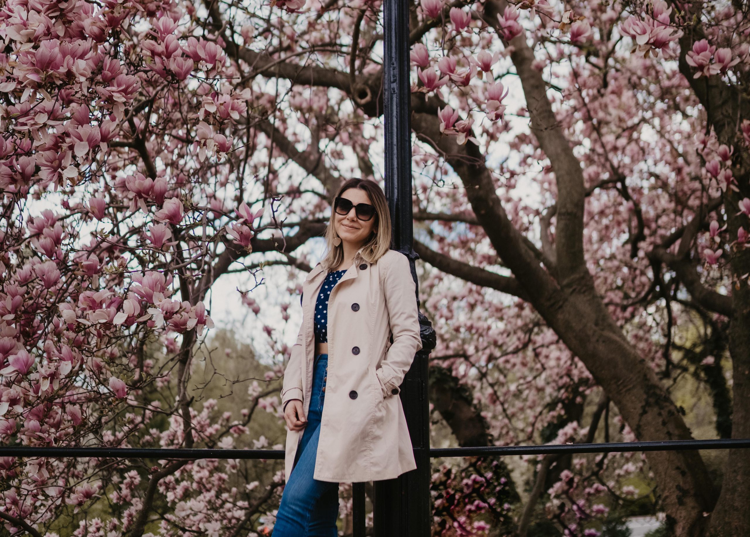 Spring Casual: Beige Trench Coat with Polka Dot Top — Car Coat Outfits