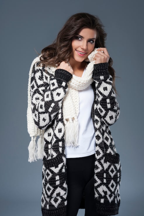 Geometric Cardigan and Knit Scarf: Cozy Textures for Cooler Days — Winter to Spring Transition Outfits