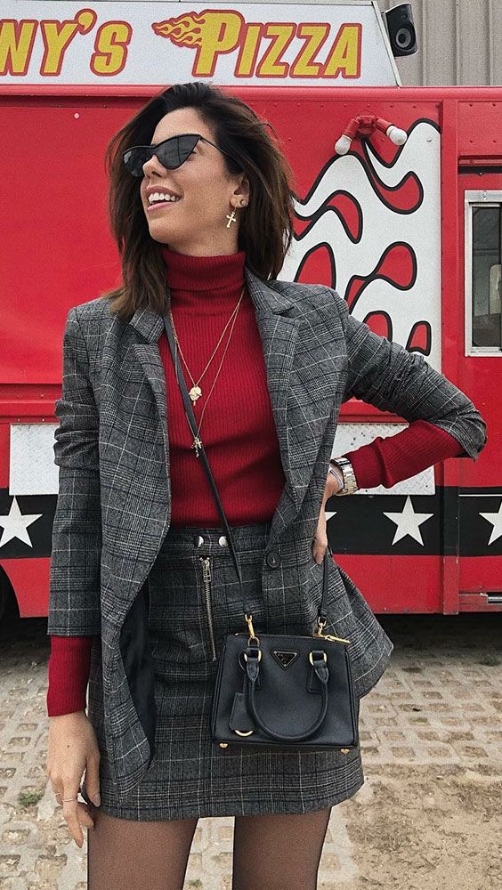 Red Turtleneck with Grey Plaid Blazer and Mini Skirt — Turtleneck Outfits