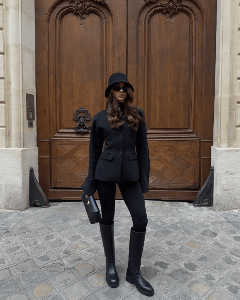 Sleek Monochromatic Black Outfit with Riding Boots and Fedora — Riding Boots Outfits