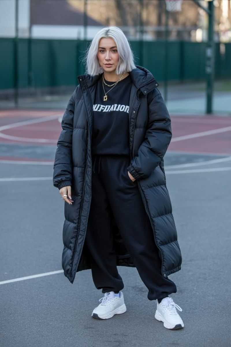 Long Black Puffer Coat and Sweat Suit — Baddie Winter Outfits