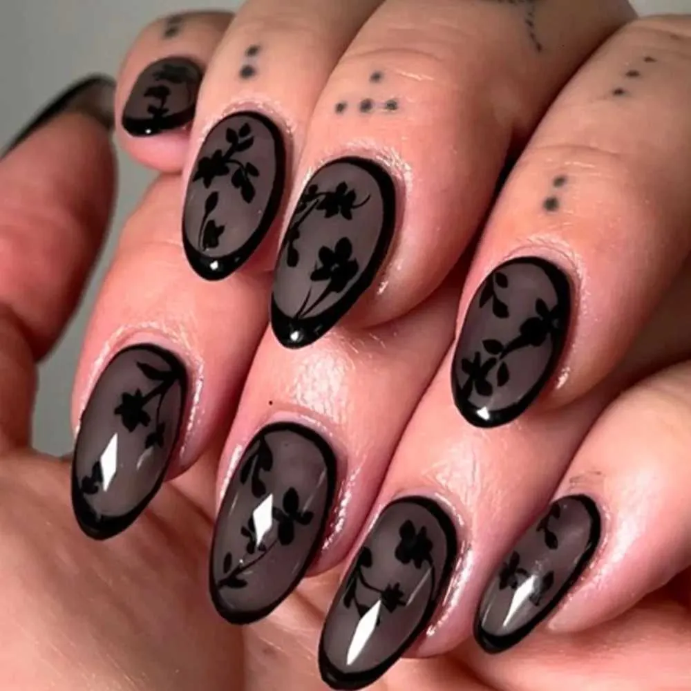 Sheer Grey Floral Lace Almond Nails — Short Winter Almond Nails