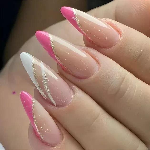 Hot Pink French Tips with Glitter Line — Winter Pink Nails