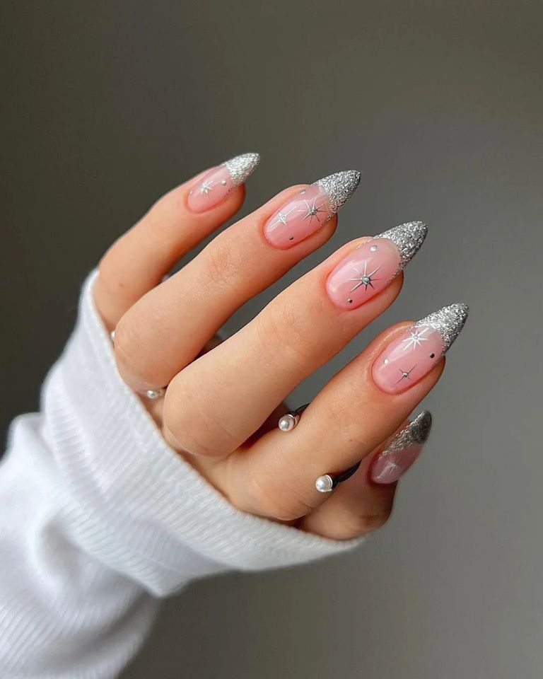 Glitter French Tips with Silver Stars Almond Nails Glitter French Tips with Silver Stars Almond Nails — Winter Nails