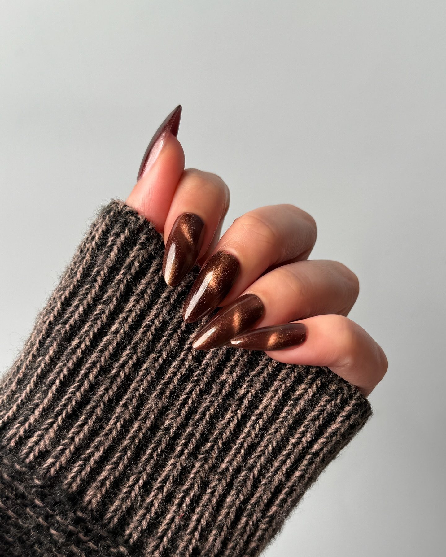 Glossy Brown Cat-Eye Stiletto — Velvet Nails