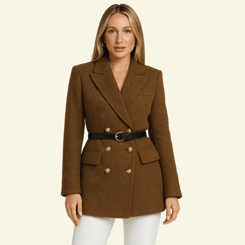 Brown Tweed Blazer Styled with White Pants and Gold Accents — Peacoat Outfits