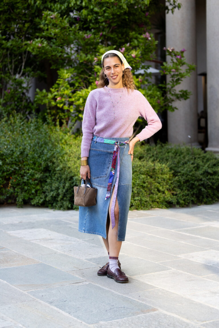 Lilac Crewneck Sweater with Denim Midi Skirt and Loafers Lilac Crewneck Sweater with Denim Midi Skirt and Loafers — Sweater Outfits
