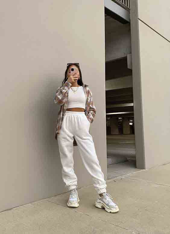 White Sweatpants with Plaid Shirt and Chunky Sneakers — Sweatpants Outfits