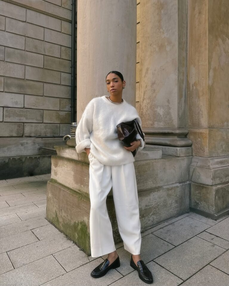 Monochrome White Outfit with an Oversized Knit Sweater and Wide-Leg Pants — Winter Date Night Outfits