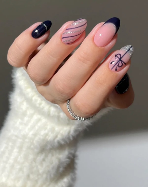 Navy Blue Silver Glitter Bow Nails — Winter Wonderland Nails