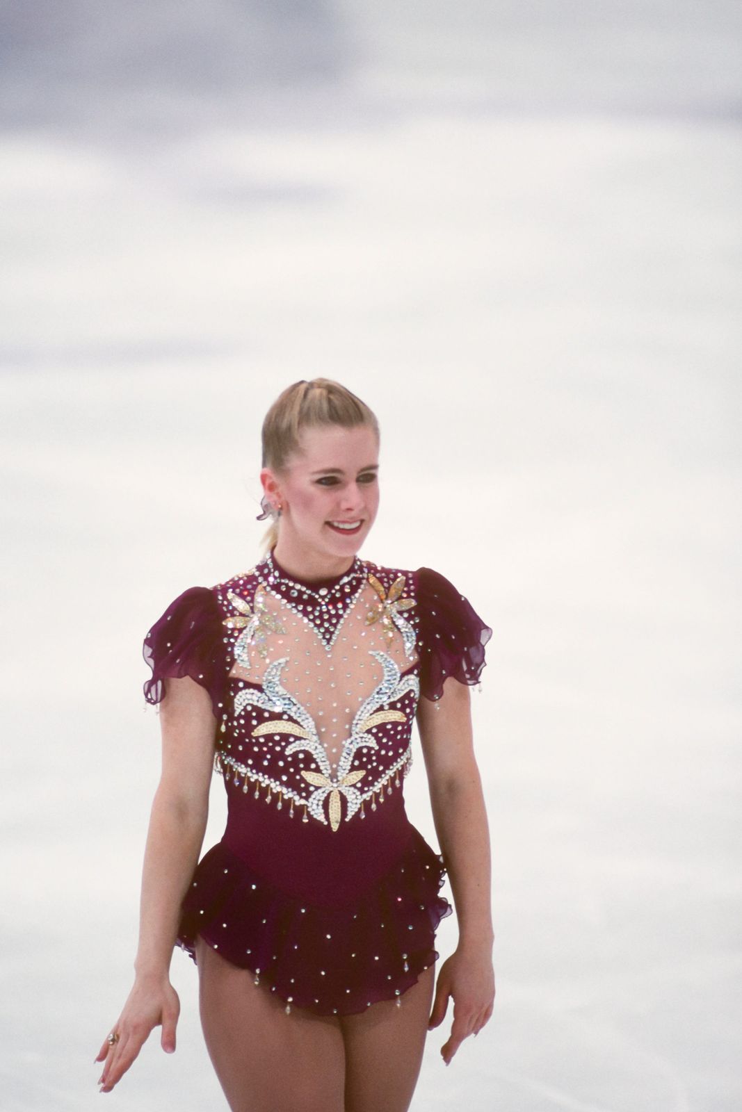 Burgundy Dress with Gold Embellishments and Sheer Neckline Burgundy Dress with Gold Embellishments and Sheer Neckline — Ice Skating Outfits
