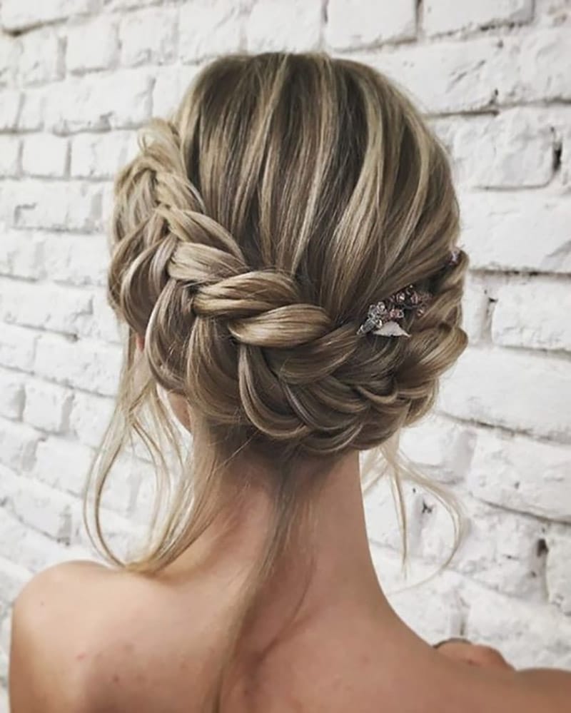 Blonde Balayage Updo With Braids — Winter Wedding Guest Hairstyles