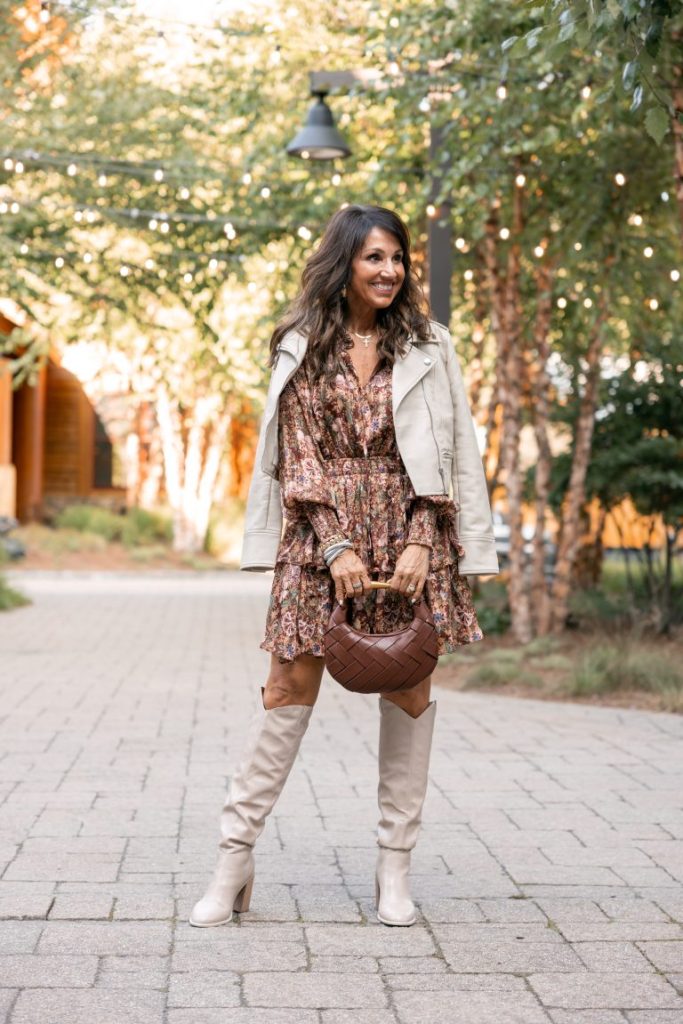 Light Beige Suede Over-the-Knee Boots with Floral Dress and Leather Jacket — Over the Knee Boots Outfits