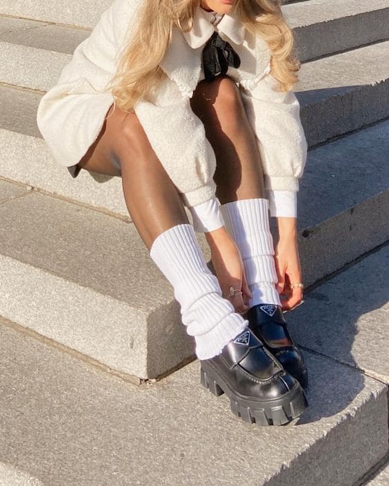 Balletcore Inspired: White Leg Warmers with Loafers and Textured Jacket — Leg Warmers Outfits