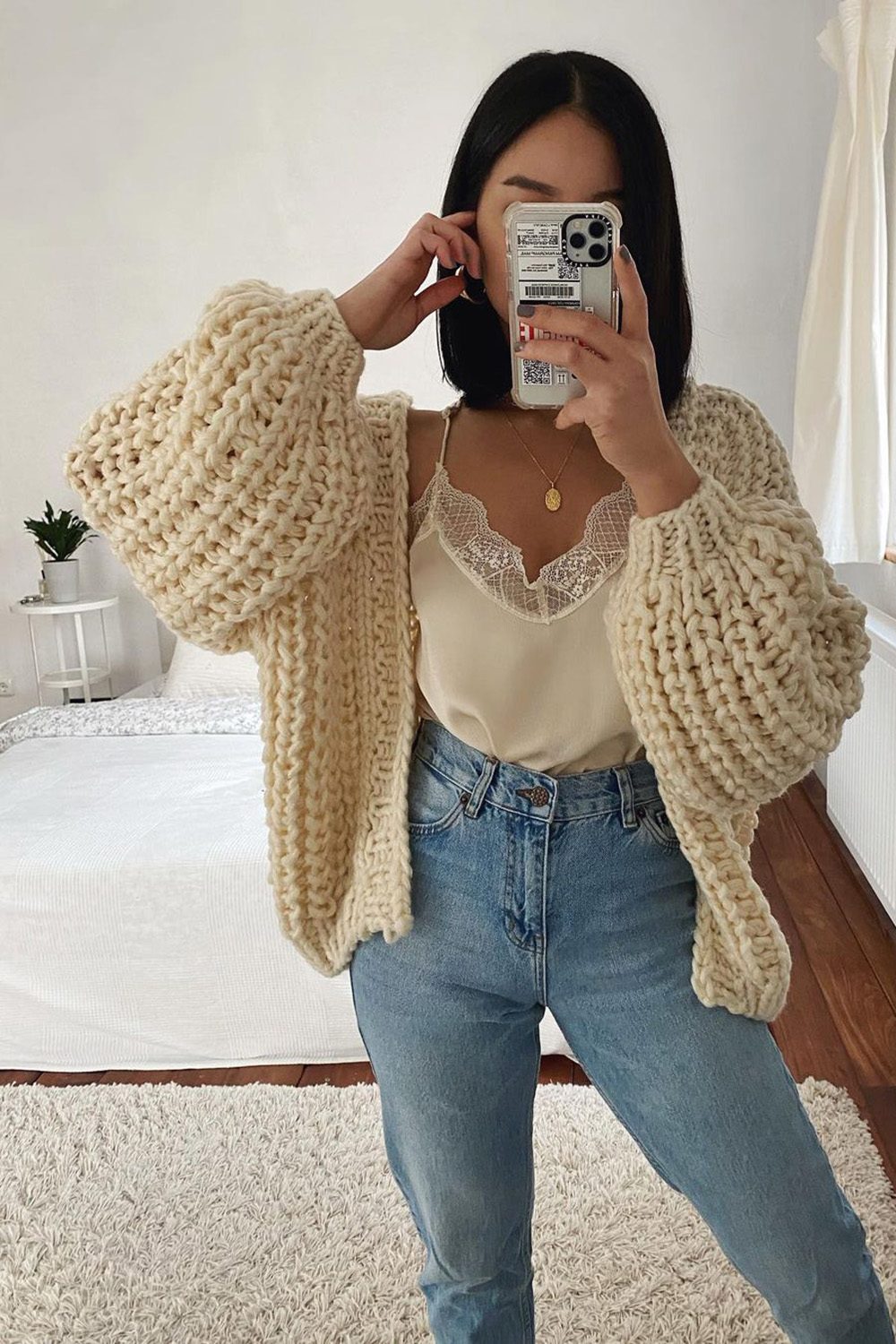 Cream Chunky Knit Cardigan: Cozy Layers with Lace Trim Camisole — Comfy Winter Outfits