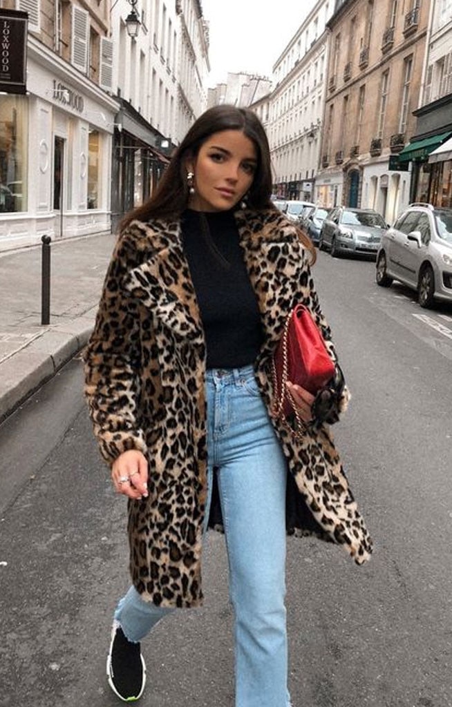 Leopard Print Faux Fur Coat Over Black Turtleneck and Jeans Leopard Print Faux Fur Coat Over Black Turtleneck and Jeans — Winter Outfits