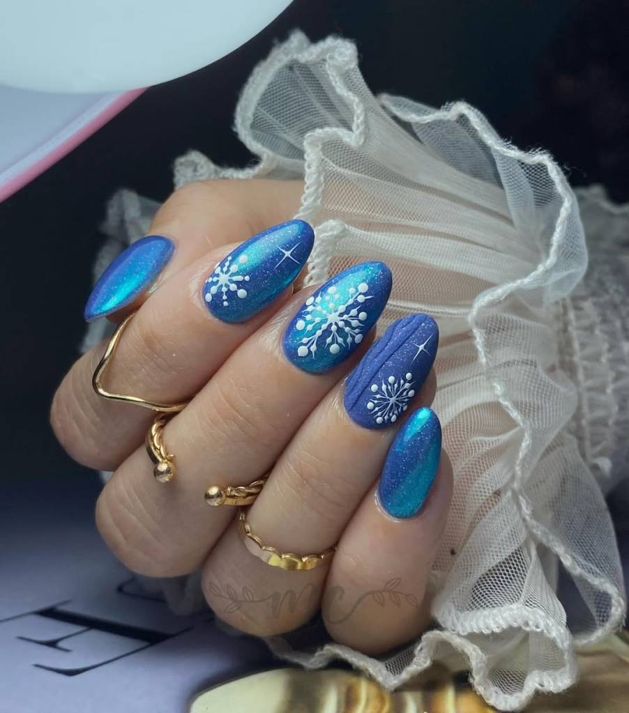 Bright Blue With Festive Snowflake Glitter — Winter Blue Nails