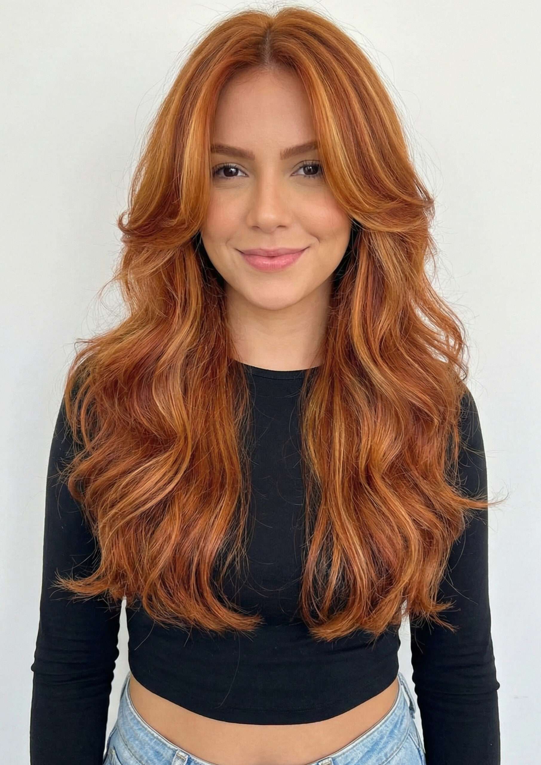 Mid-Back Copper and Blonde with Curtain Bangs — Winter Haircuts for Long Faces