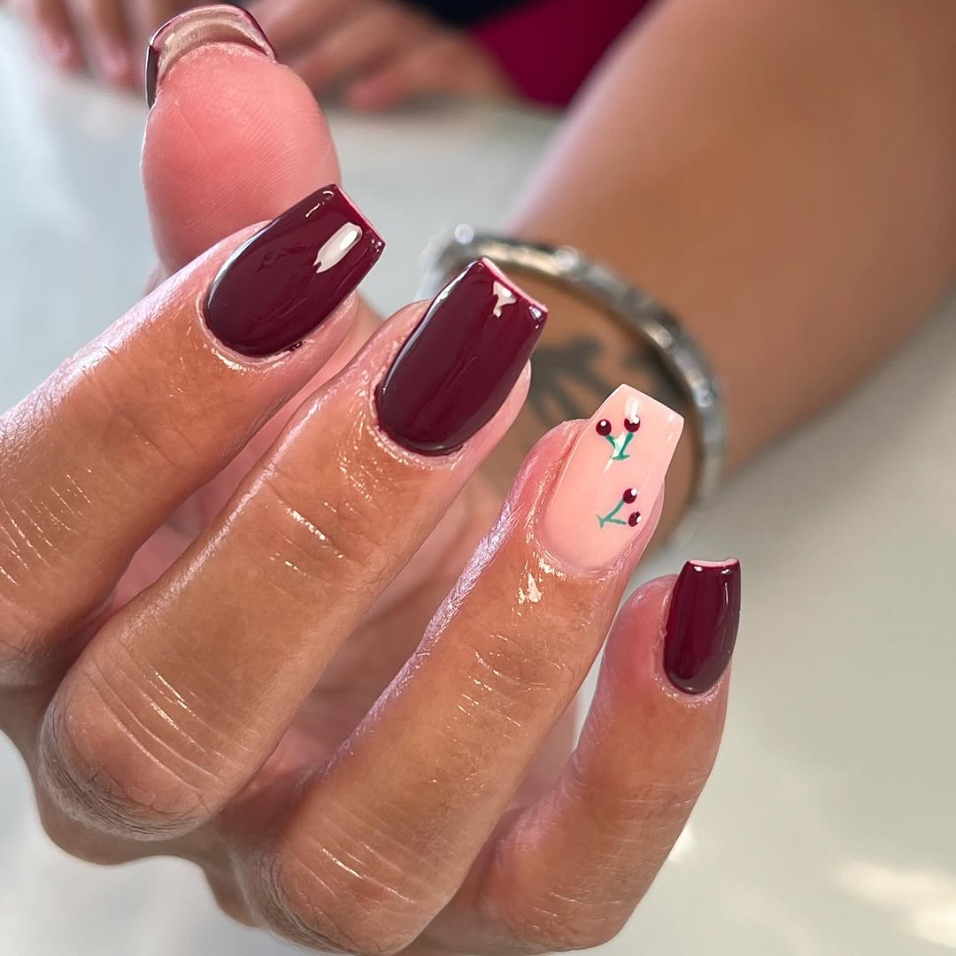 Short Square Burgundy with Cherry Art Short Square Burgundy with Cherry Art — Cherry Red Nails