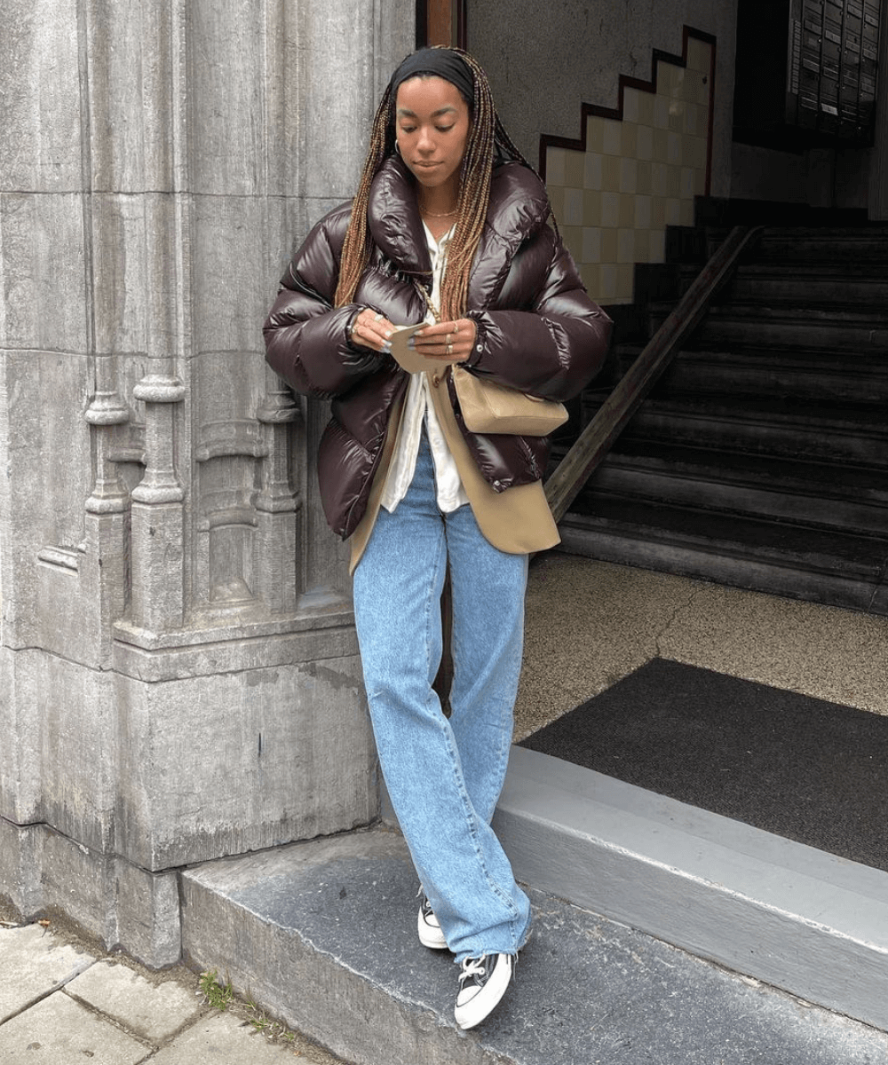 Oversized Brown Puffer Jacket Over Blazer and Wide-Leg Jeans — Winter Puffer Jacket Outfits