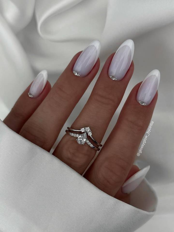 Milky White French with Base Rhinestones Milky White French with Base Rhinestones — Winter White Nails