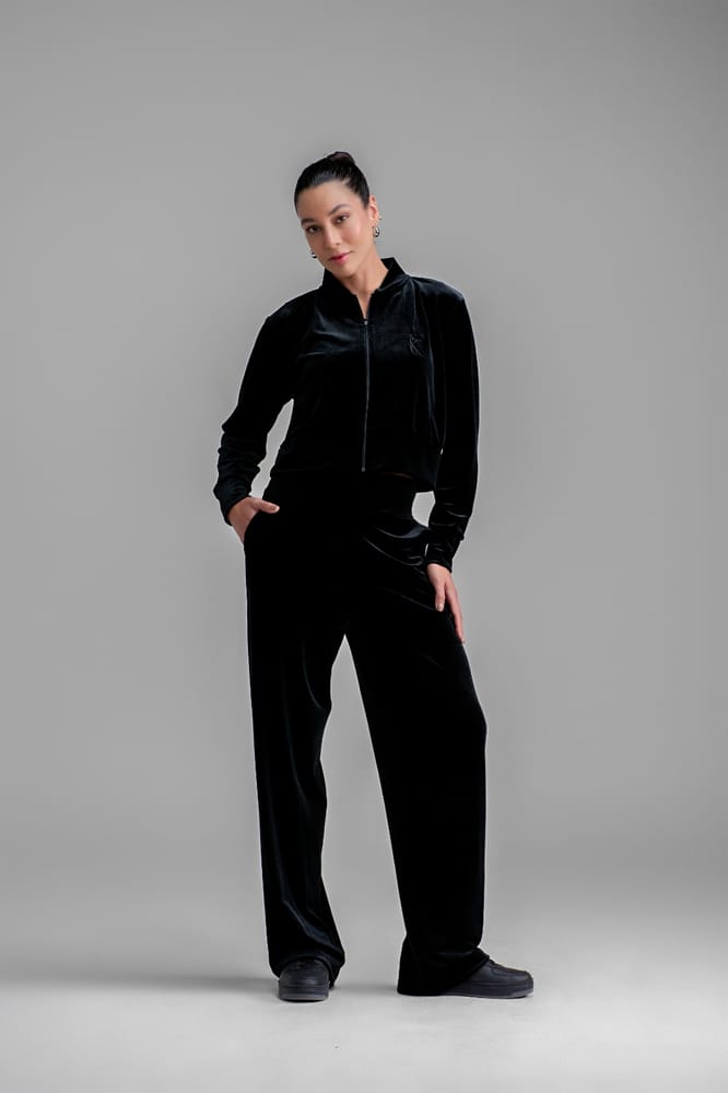 Luxurious Black Velour Tracksuit for Winter Comfort — Winter Athleisure Outfits