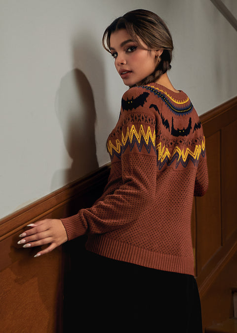 Brown Fair Isle Sweater with Bat Motifs — Fair Isle Sweater Outfits