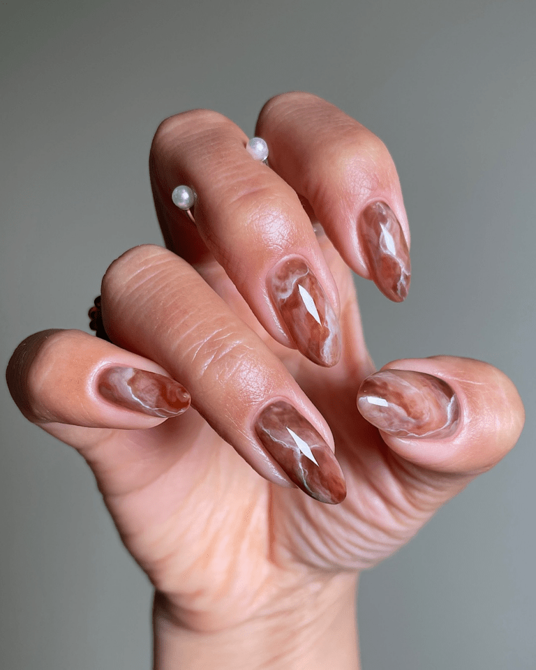 Marbled Brown and Cream Medium Pointed Nails — Mocha Nails