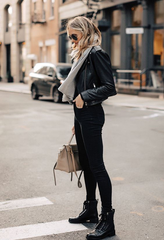 Street Style Ready with Combat Boots and Leather Jacket — Black Boots Outfits