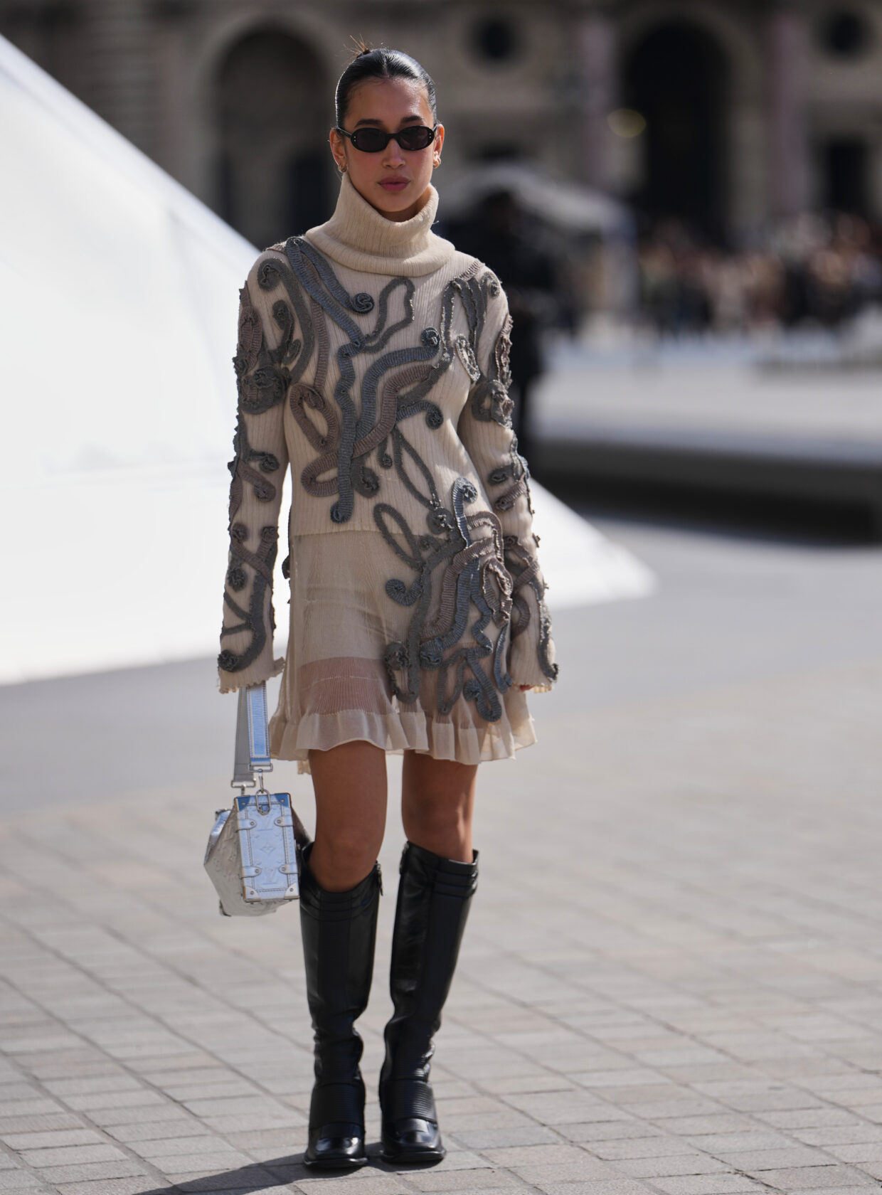 Ornate Sweater and Sheer Dress: Textured Layering for Spring — Winter to Spring Transition Outfits