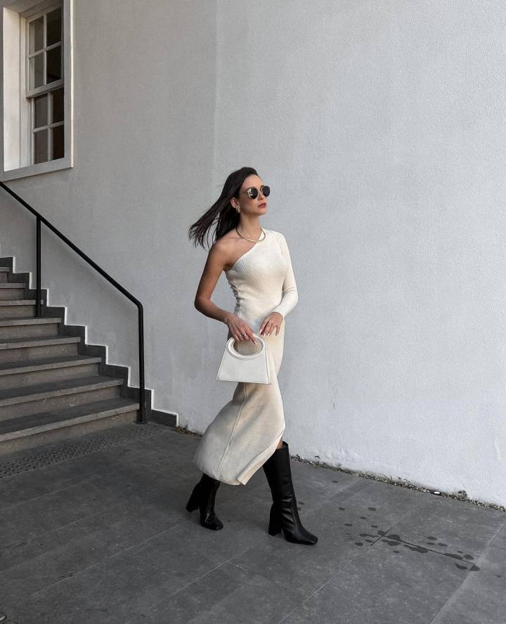 Elegant Evening with Off-the-Shoulder Dress and Black Boots — Knee High Boots Outfits