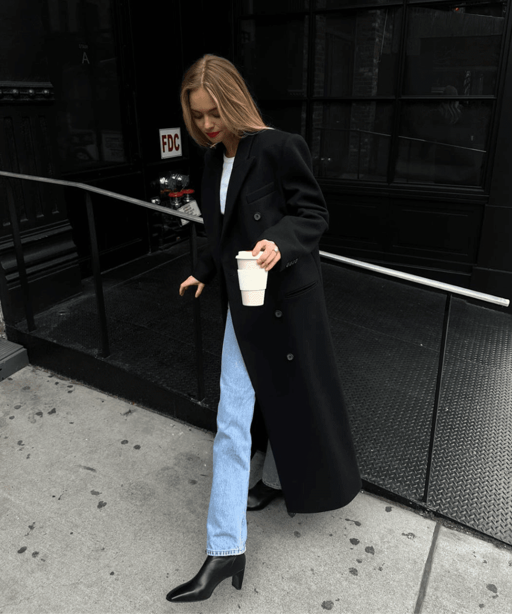 Casual Chic Long Black Coat with T-shirt and Jeans — Black Coat Outfits
