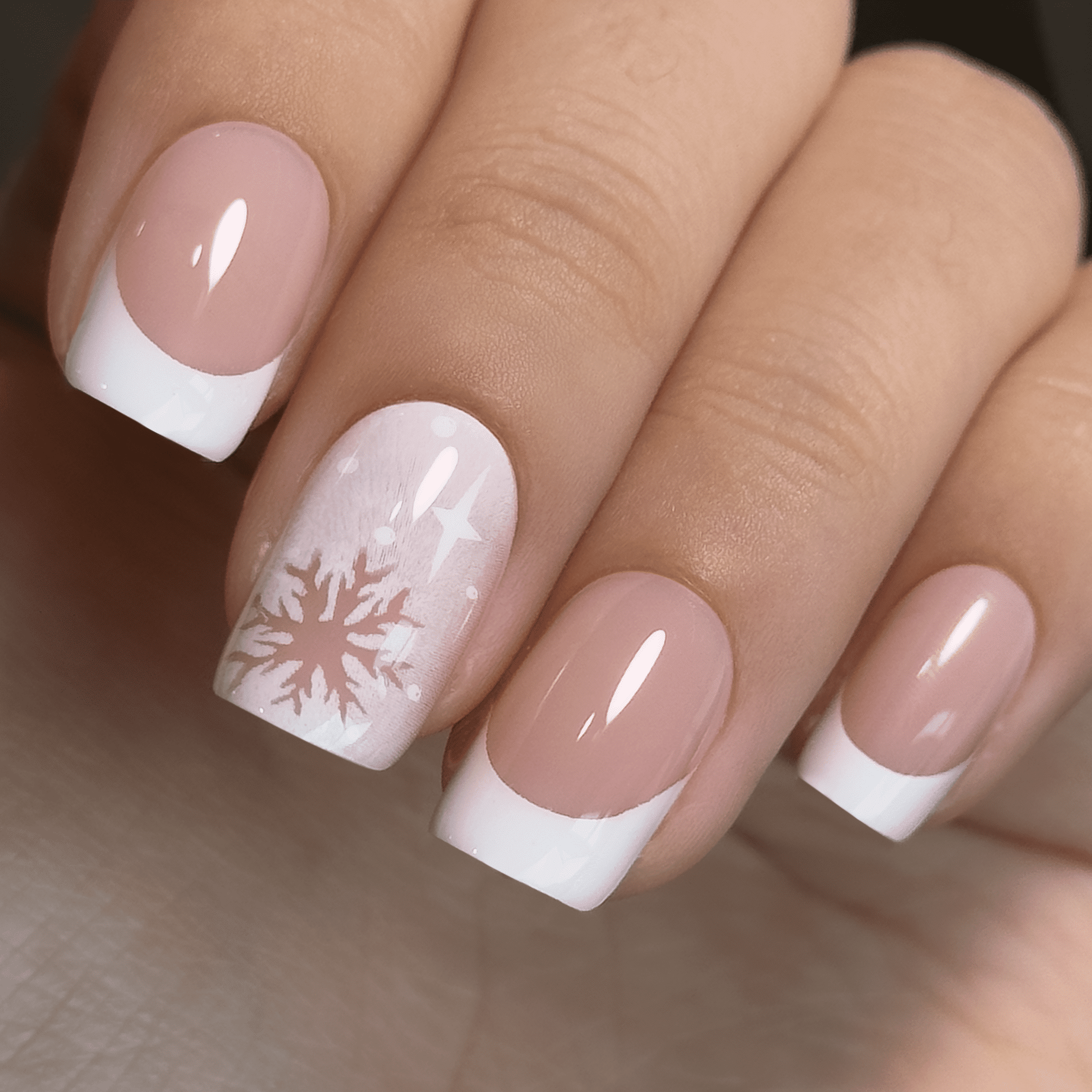 Winter Christmas Nude French Snowflake Accent Medium Squovals — Winter Squoval Nails