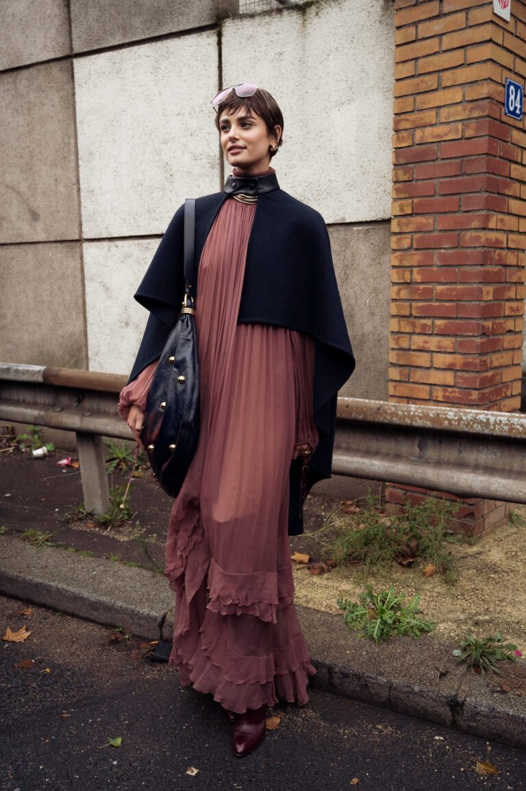 Navy Cape over Tiered Maxi Dress with Pointed Boots — Boho Winter Outfits