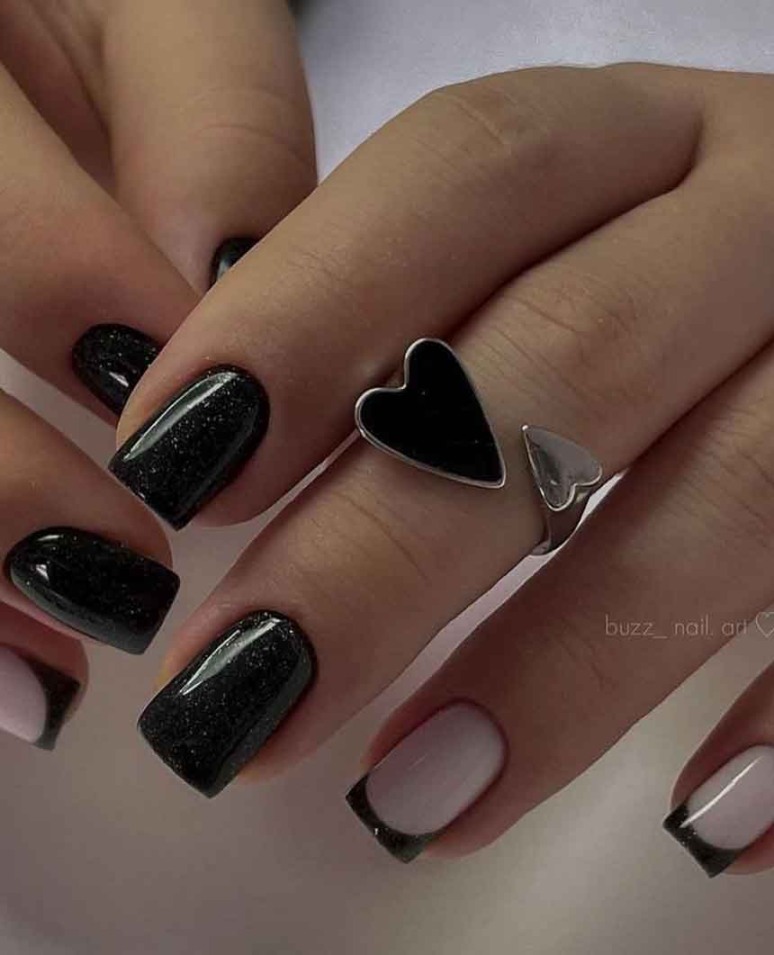 Glossy Black Glitter With Pink French Tips Glossy Black Glitter With Pink French Tips — Winter Black Nails