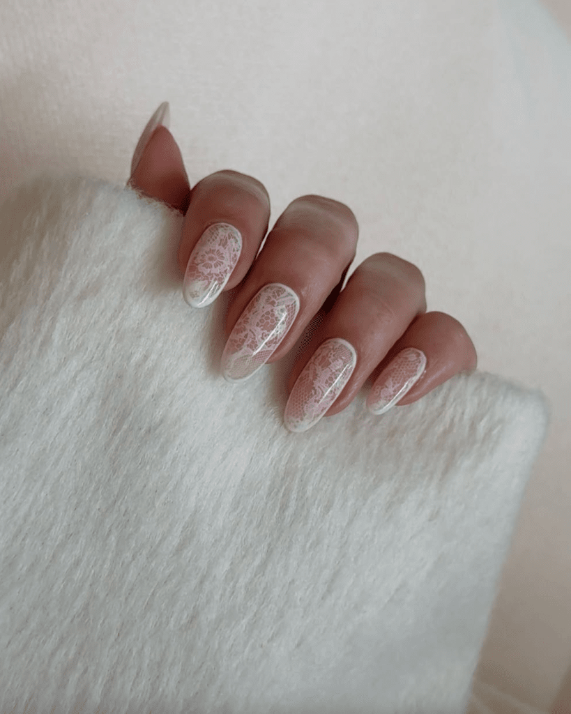 Long Oval with White Lace Overlay Long Oval with White Lace Overlay — Winter Wedding Nails
