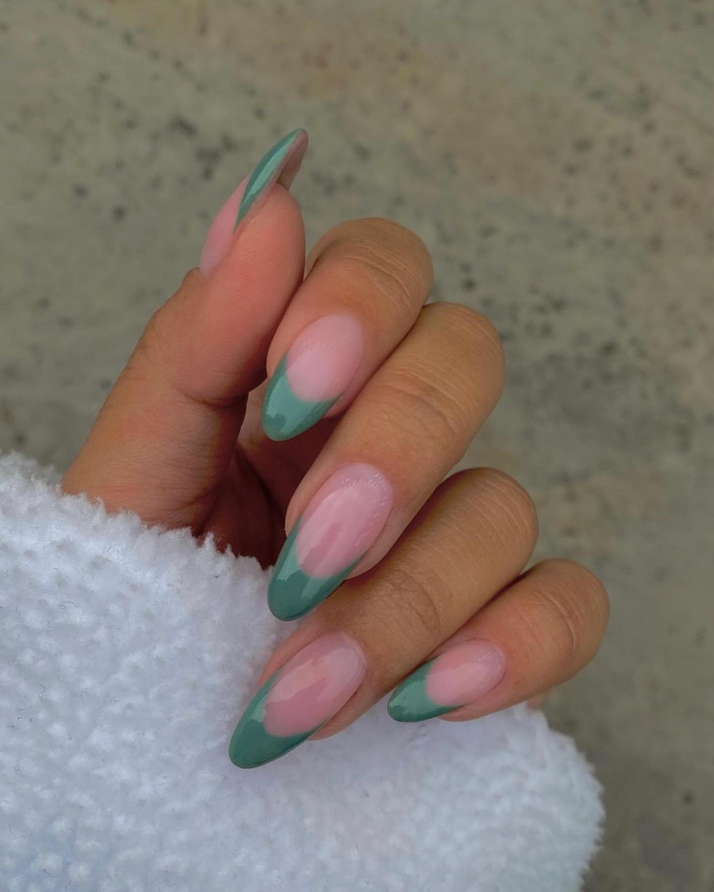 Medium Almond Muted Green French Tips Medium Almond Muted Green French Tips — Winter French Tip Nails
