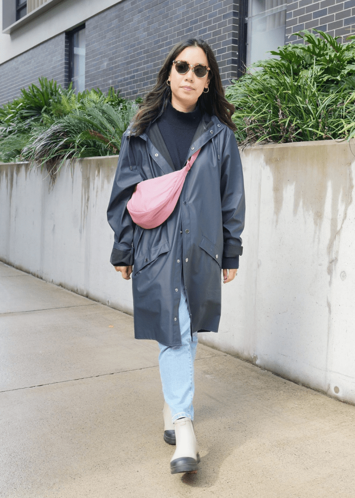 Sophisticated City Style: Double-Breasted Car Coat with Denim Skirt — Car Coat Outfits